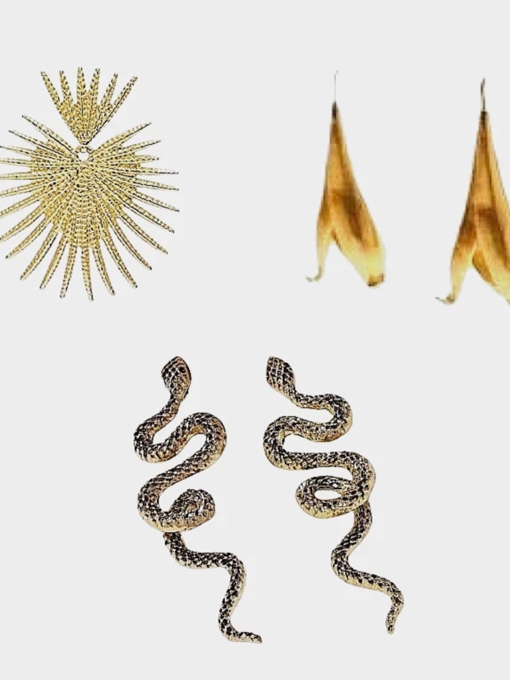 Group of 3 Pair Zara Gold Pierced Earrings in Heart Sunburst, Snake & Lily Forms